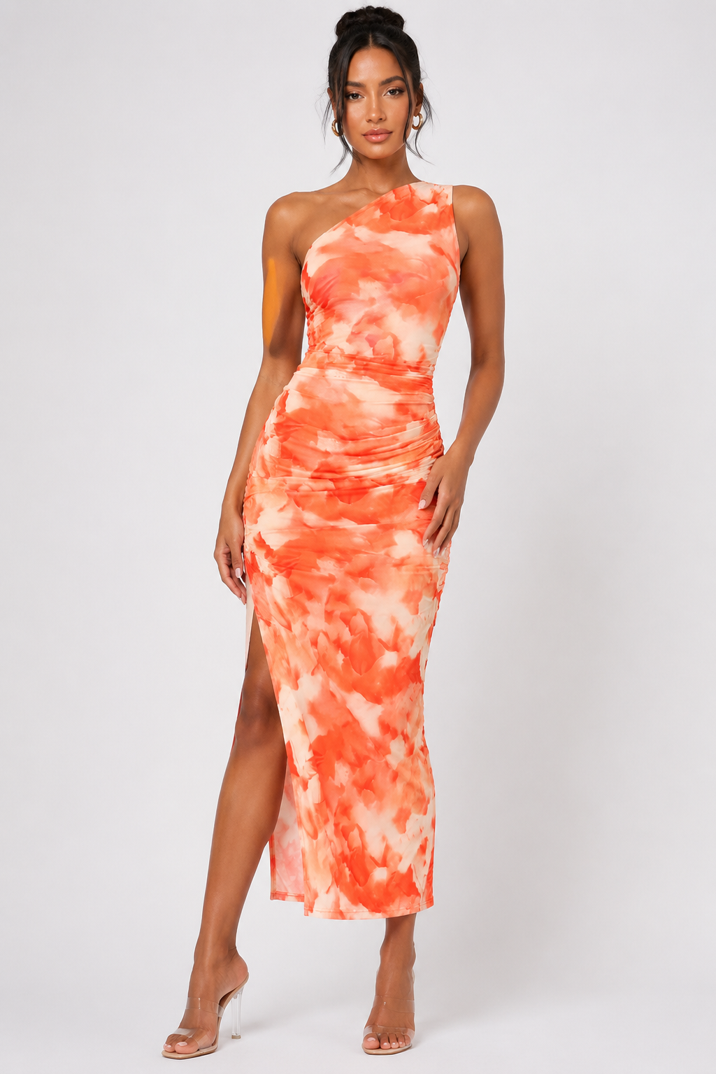 Women's One Shoulder Tie Dye Ruched Maxi Dress  Elegant Split Bodycon Holiday, Wedding Guest & Summer Occasion Dress