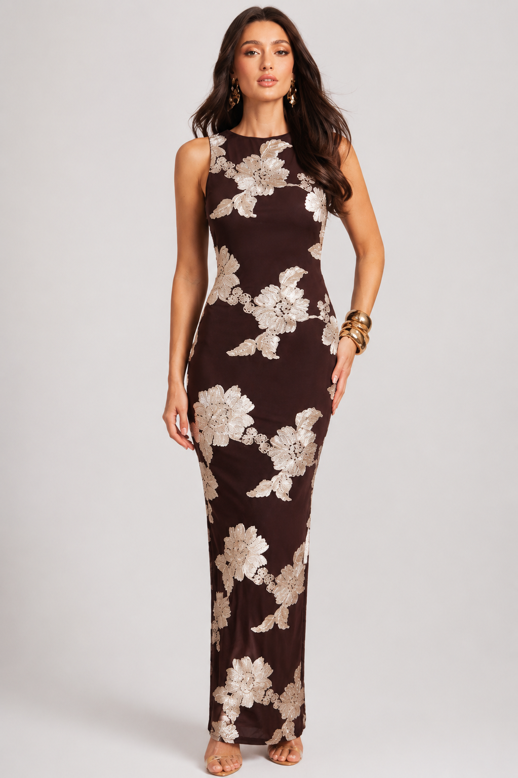 Women's 3D Floral Appliqué Bodycon Maxi Dress Sleeveless Elegant Evening Party & Wedding Guest Dress