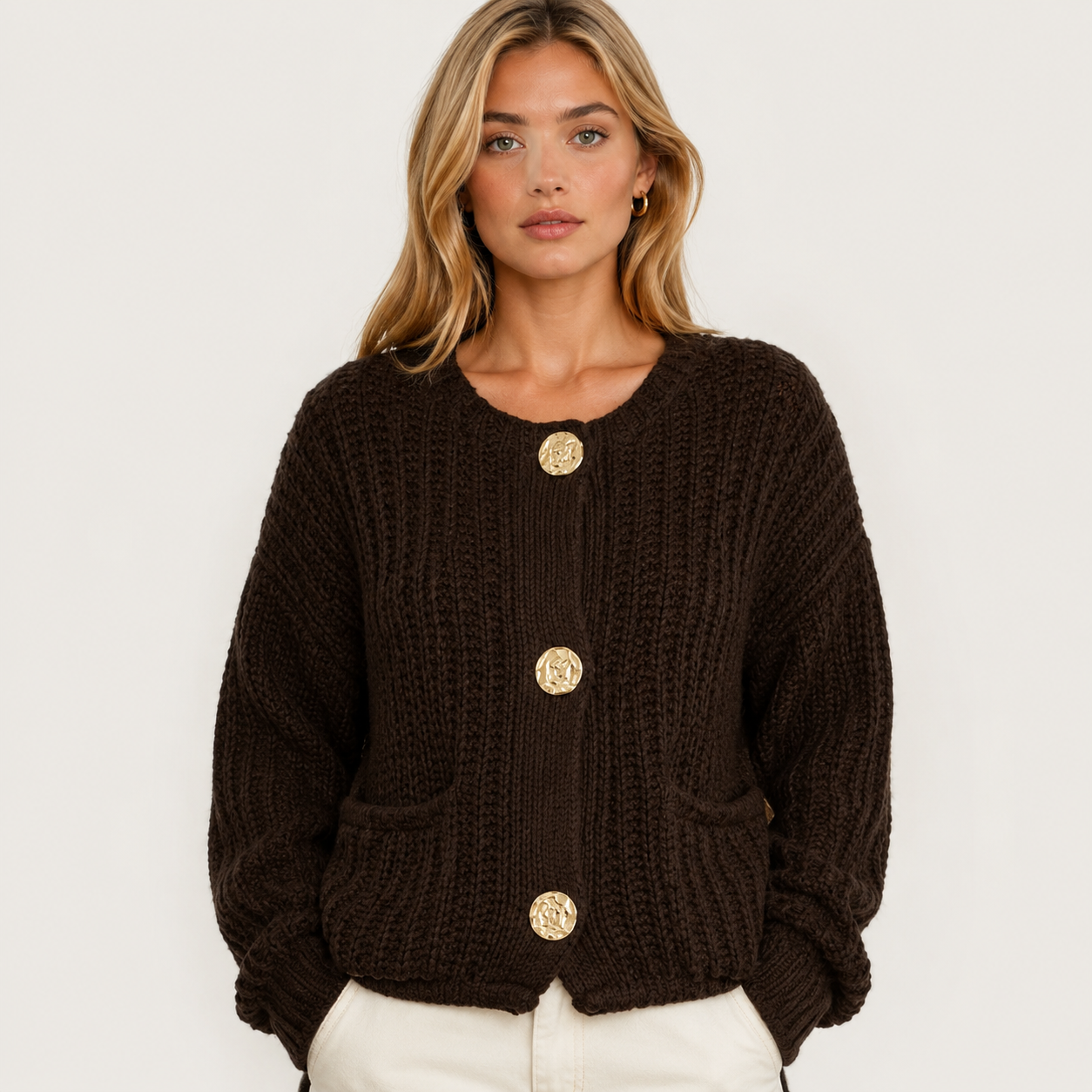 Women's Chunky Knit Button Up Cardigan Long Sleeve Soft Winter Sweater