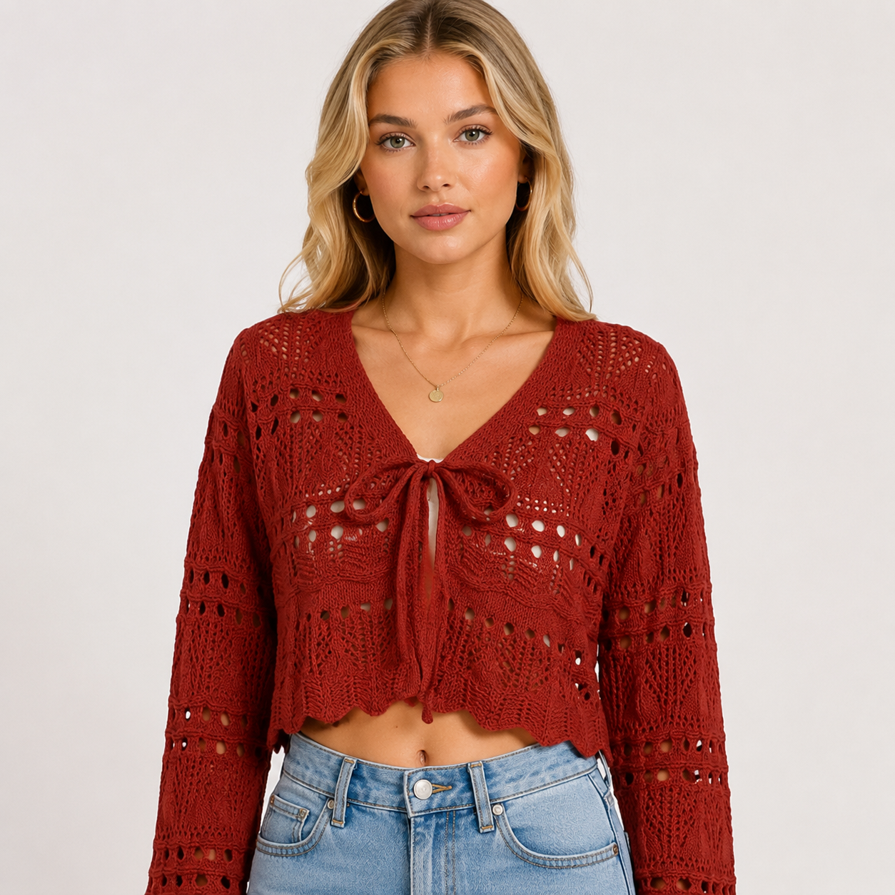 Women's Tie Front Lightweight Knit Cardigan Long Sleeve V Neck Casual Boho Knit Sweater