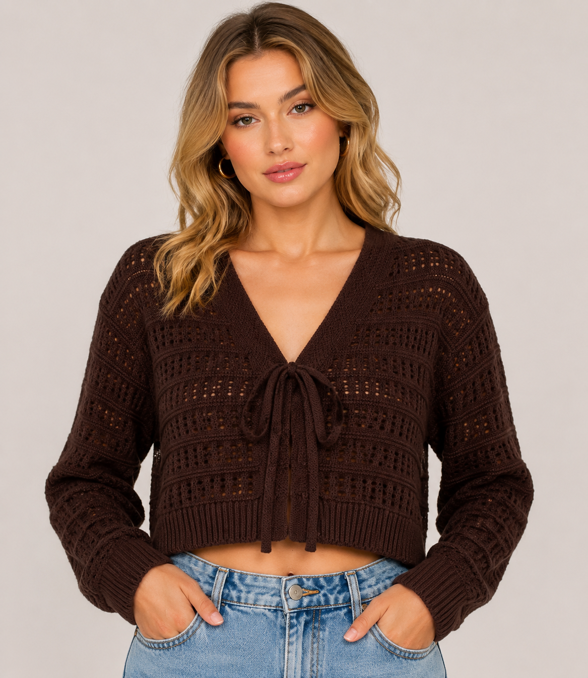 Women's Tie Front Lightweight Knit Cardigan Long Sleeve V Neck Casual Boho Knit Sweater