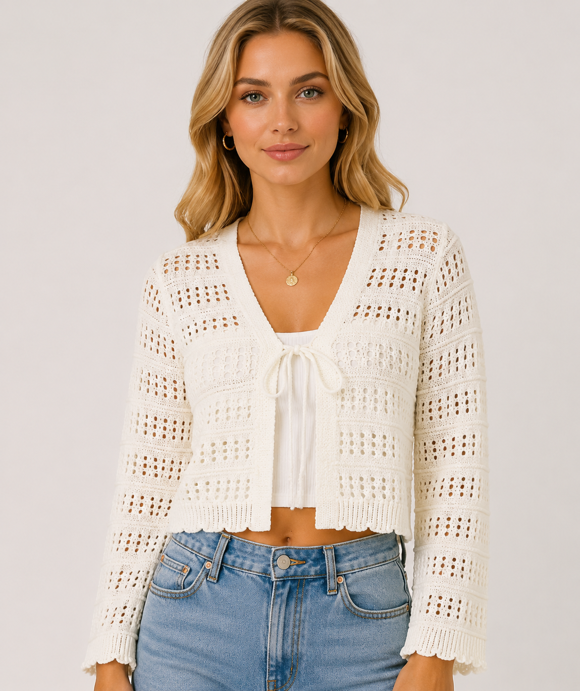 Women's Tie Front Lightweight Knit Cardigan Long Sleeve V Neck Casual Boho Knit Sweater