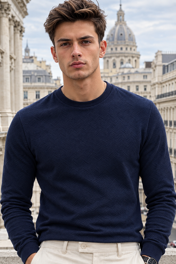 Men’s Navy Textured Crew Neck Thermal Warm Pullover