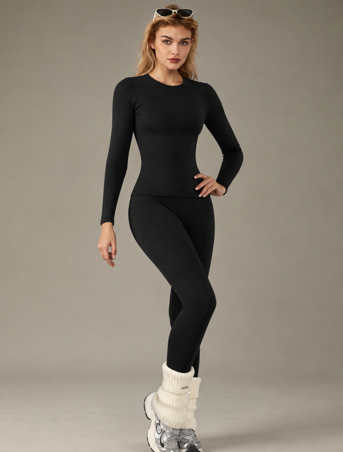 Women’s Warm Black Long sleeve Fitted Top & Leggings Set