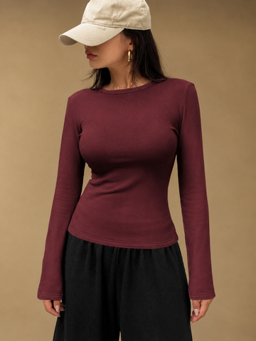 Women’s Maroon Long Sleeve Fitted Top – Crew Neck Casual Shirt