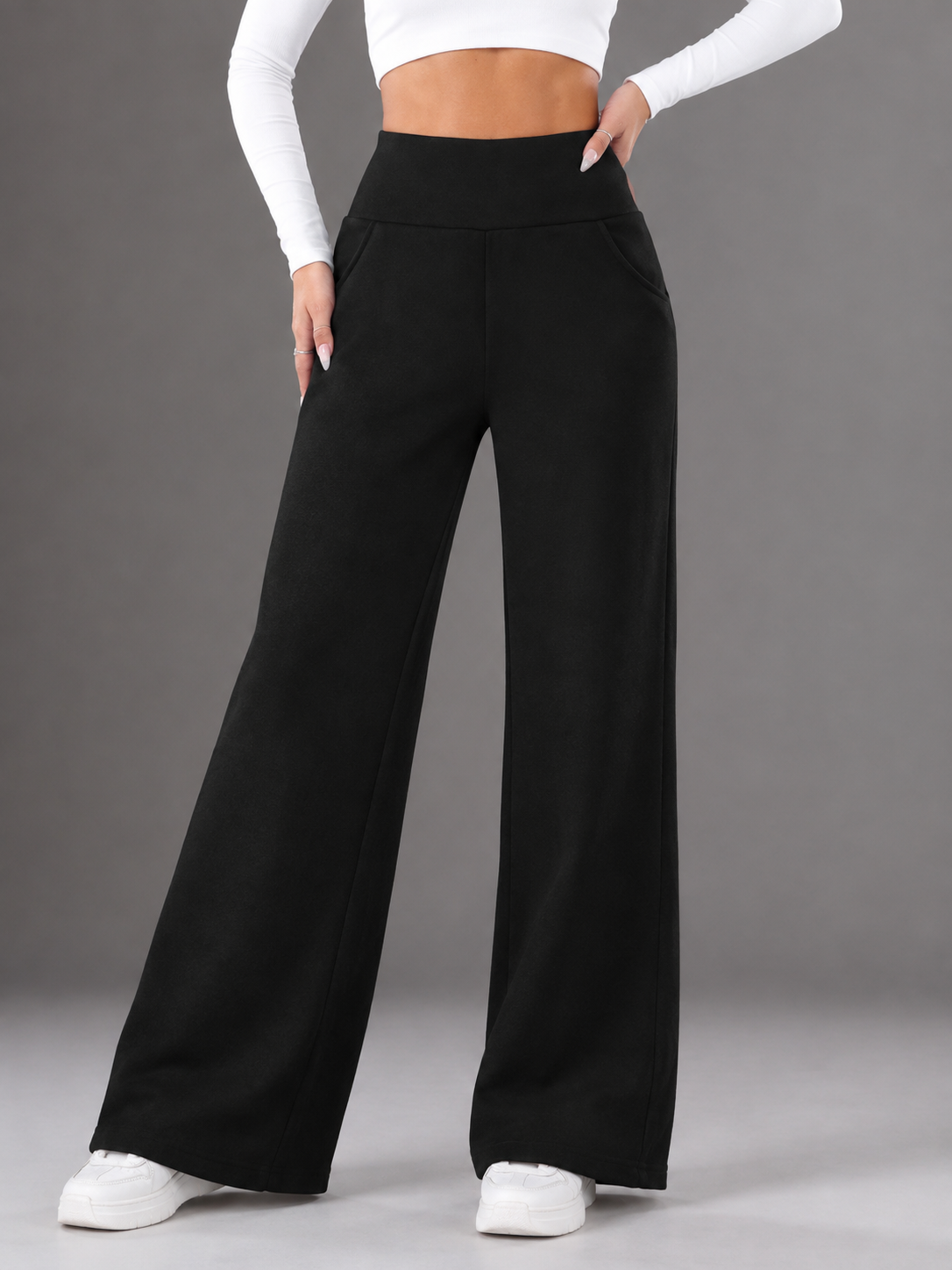 Women’s Black High-Waisted Wide-Leg Pants Casual Comfort Trousers