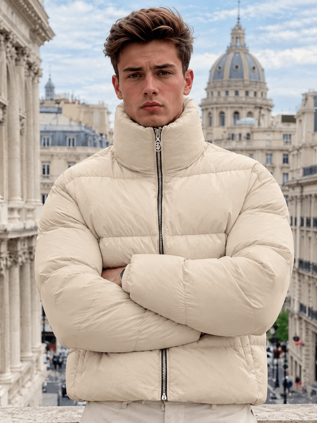 Men’s Cream Quilted High Neck Zip-Up Puffer Jacket