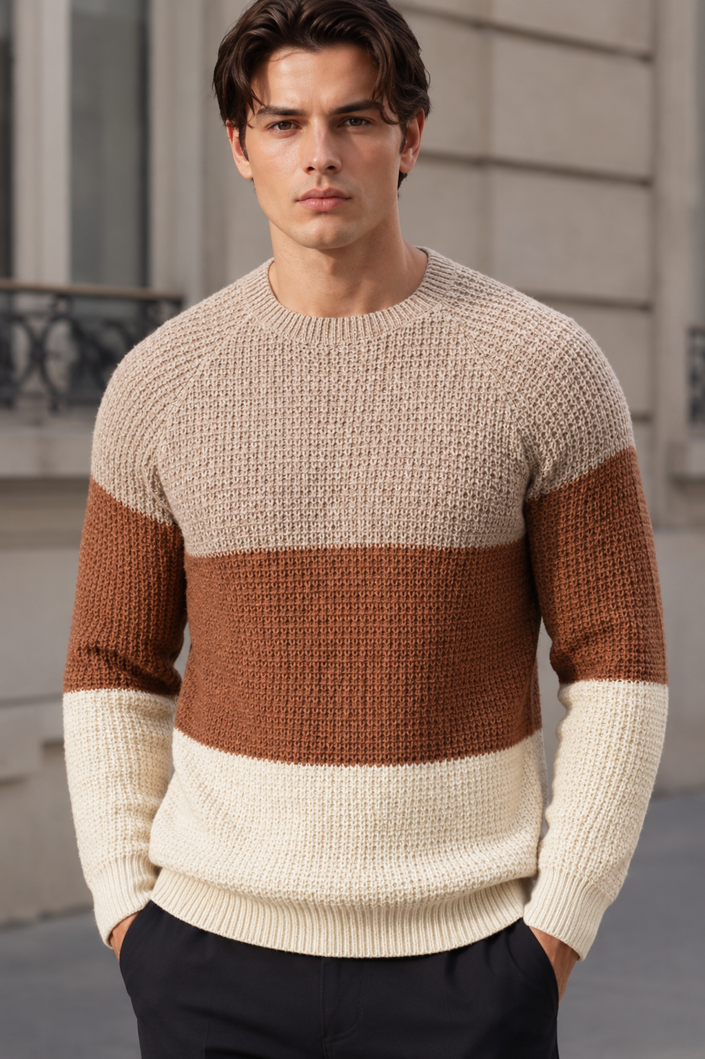 Men’s Textured Color-Block Warm Knit Sweater Beige & Brown