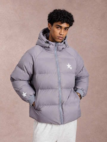 Men’s Lightweight Grey Hooded Puffer Jacket Star Print