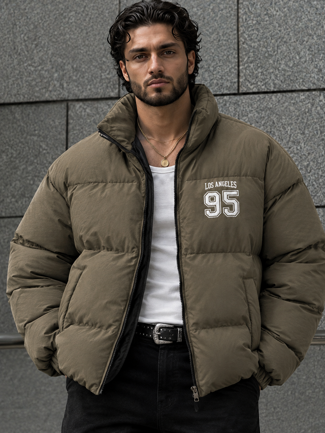 Men’s Olive Green Puffer Jacket Quilted Winter Jacket