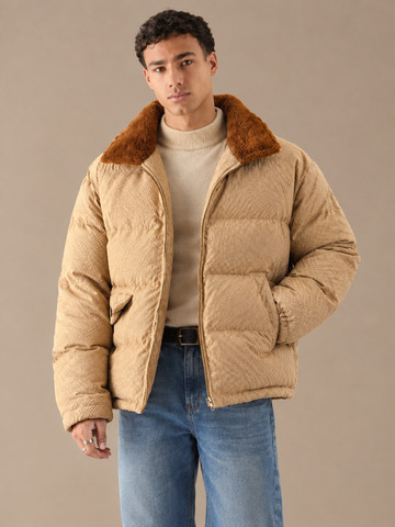 Men’s Beige Textured Puffer Jacket with Faux Fur Collar