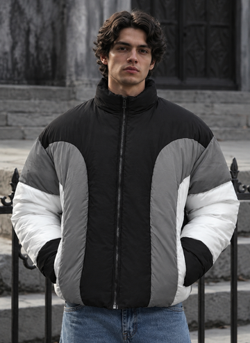 Men’s Warm Black Grey and White Color Block Puffer Jacket Winters