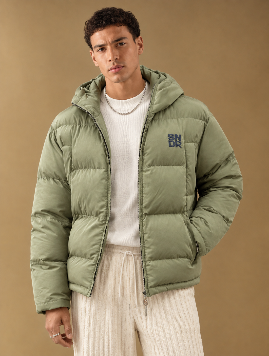 Men’s Padded Sage Green Hooded Puffer Winter Jacket