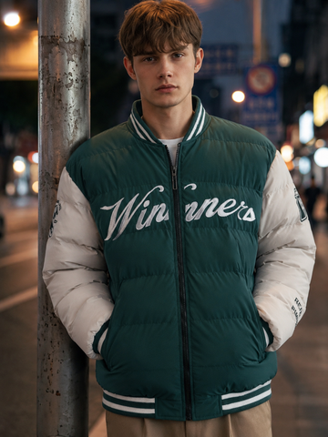 Men’s Stylish Green and White Varsity Puffer Jacket Winters