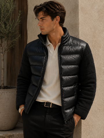 Men’s Black Quilted Puffer Jacket with Fleece Sleeves