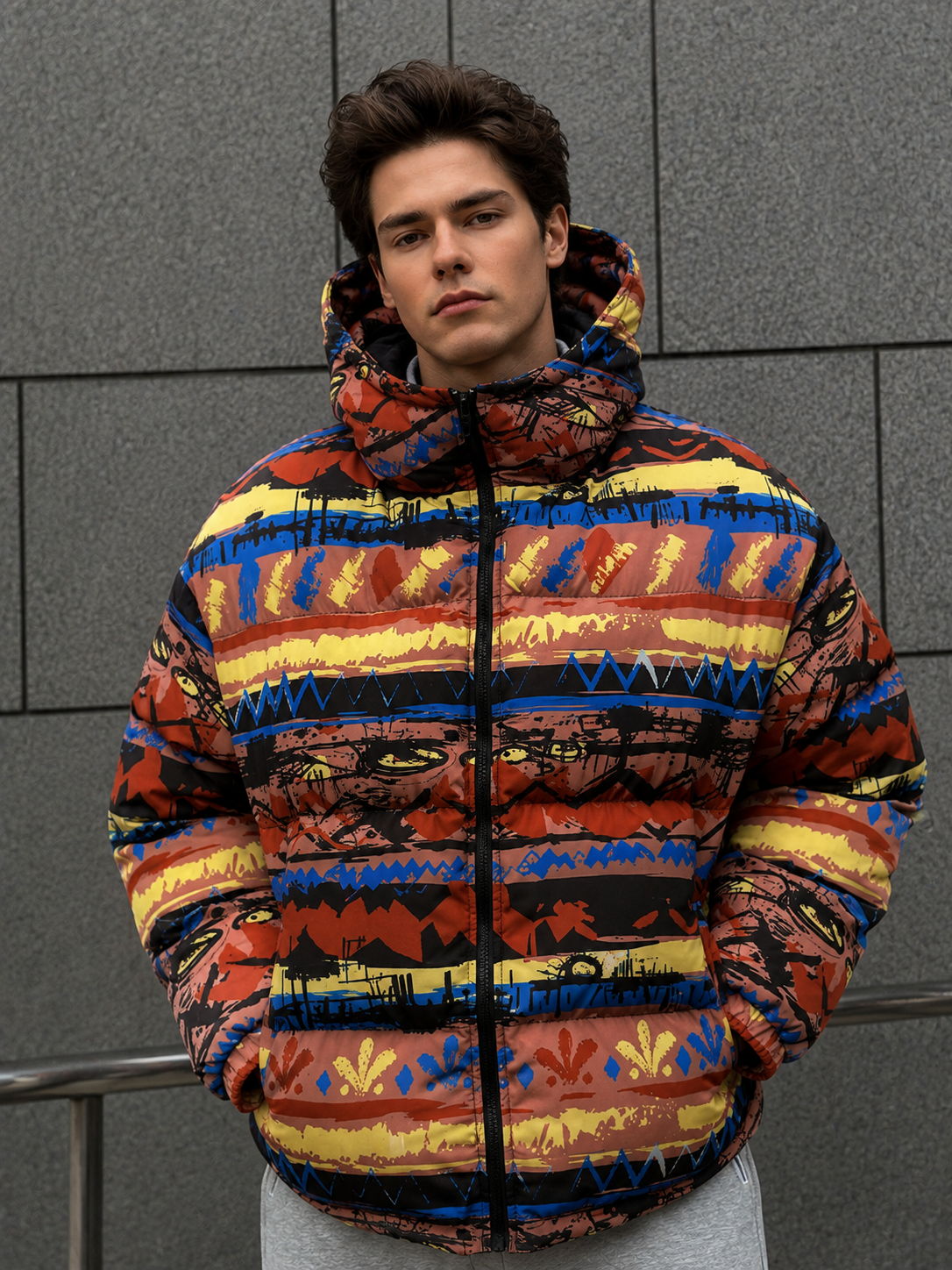 Men’s Warm Multicolor Hooded Printed Puffer Jacket