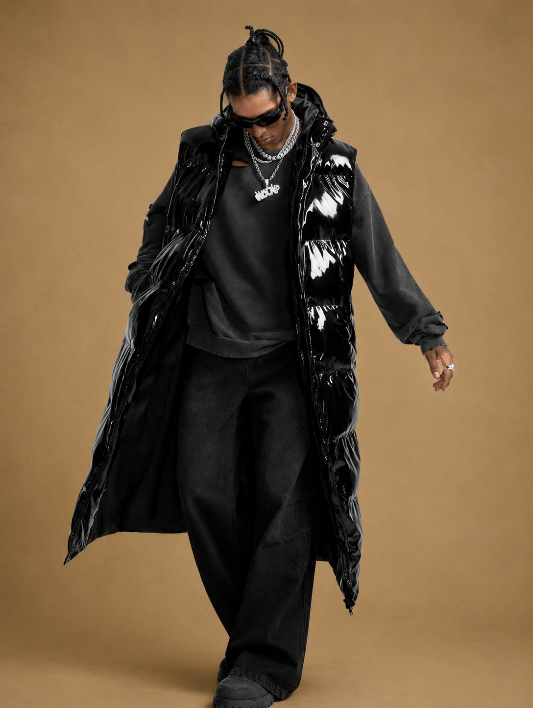 Men’s Longline Black Puffer Vest  Glossy Hooded Winter Gilet