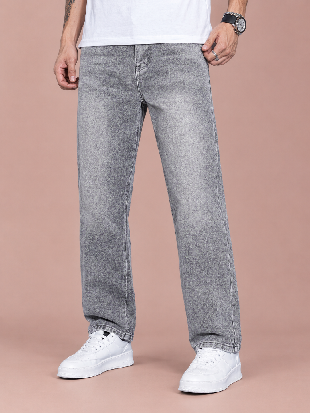 Men’s Grey Washed Five Pocket Straight Leg Casual Denim Jeans