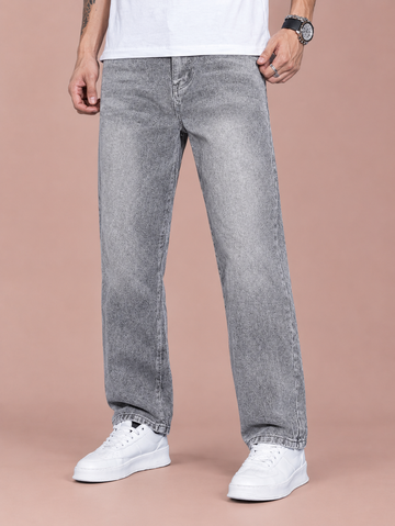 Men’s Grey Washed Five Pocket Straight Leg Casual Denim Jeans