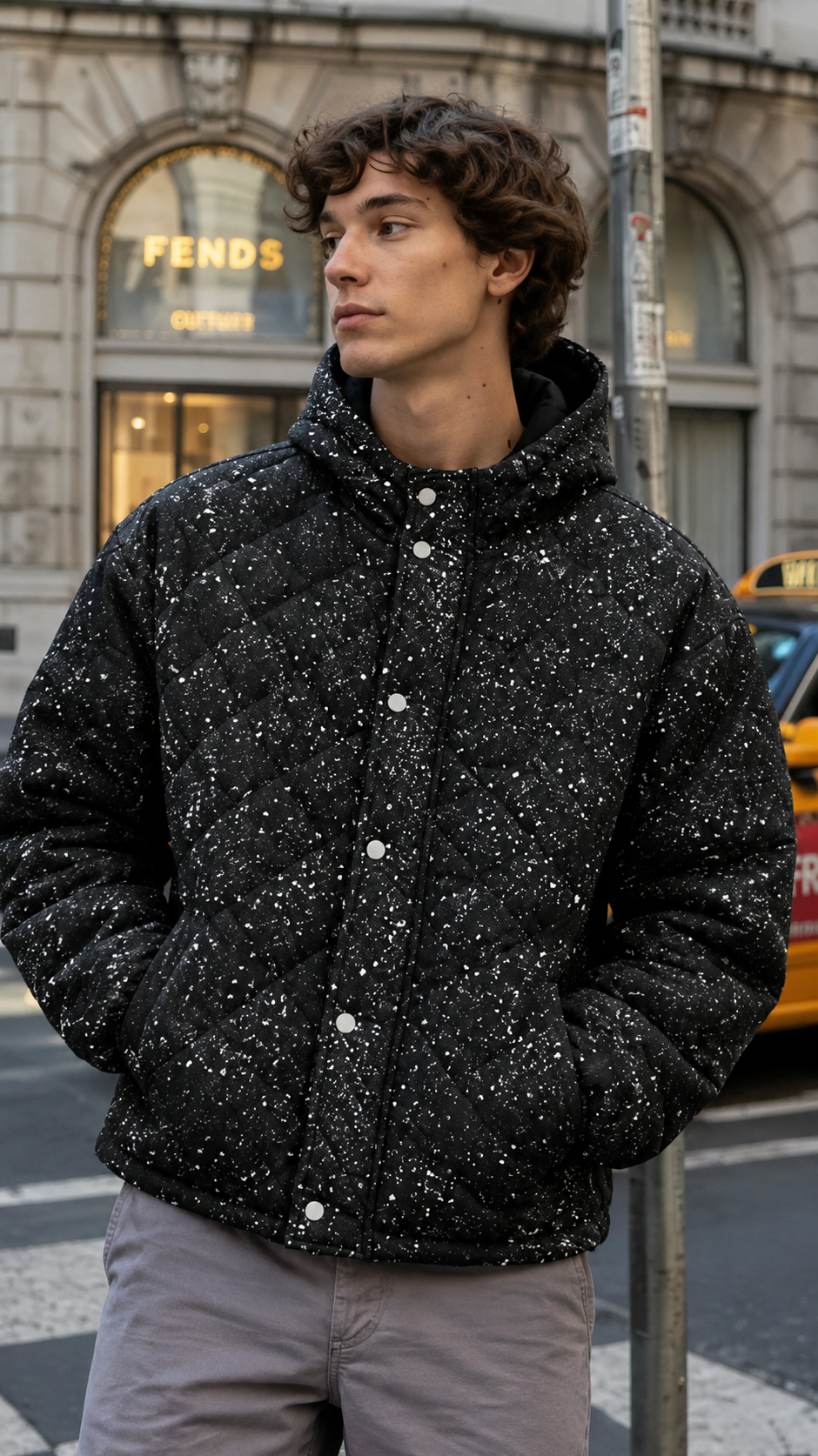 Men’s Black Splatter Print Hooded Puffer  Quilted Winter Jacket