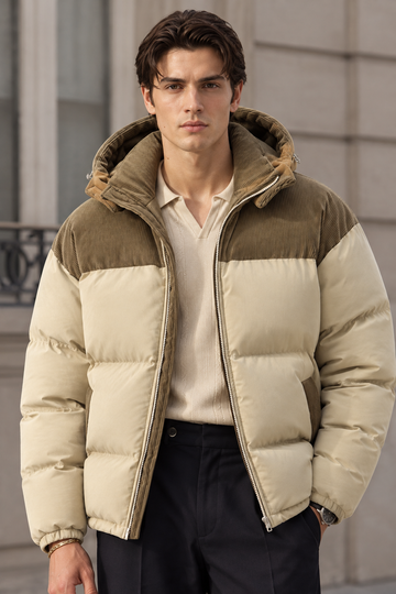 Men’s Beige & Brown Hooded Puffer Warm Quilted Winter Jacket