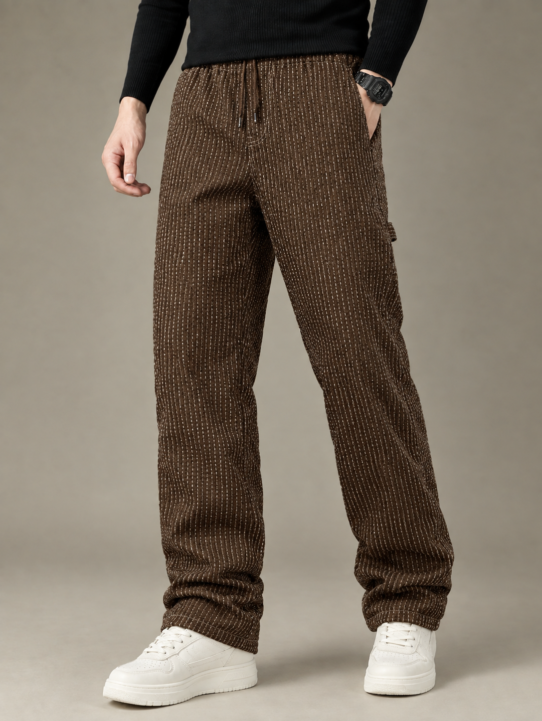 Men’s Brown Textured Relaxed Fit Drawstring Pants