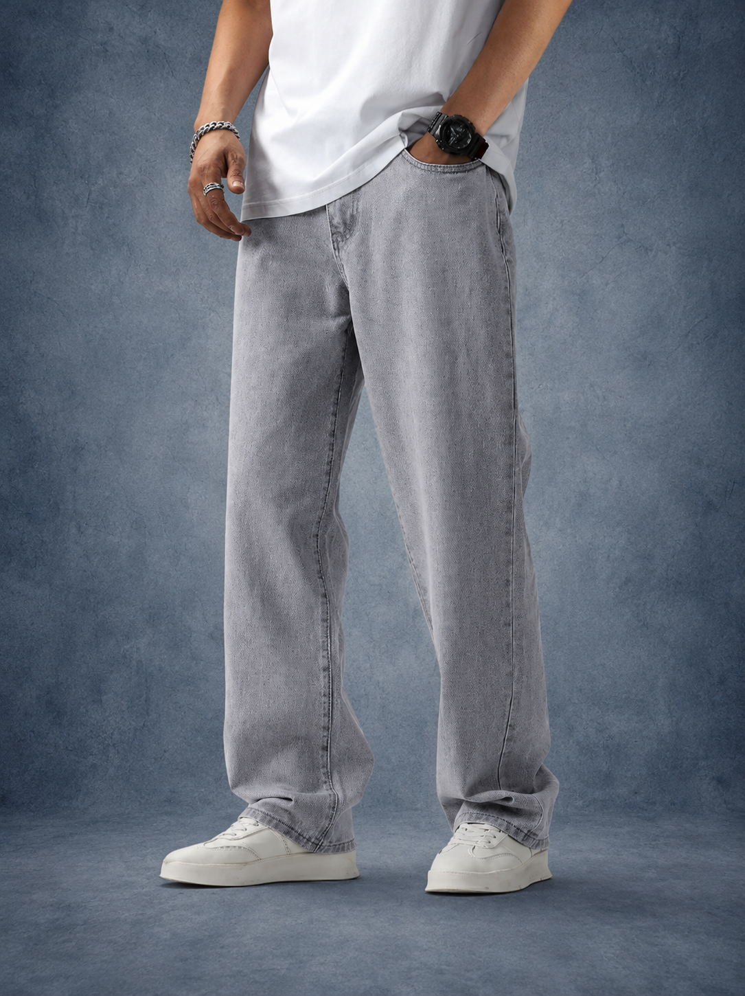 Men’s Light Grey Denim Classic Wide Leg Jeans