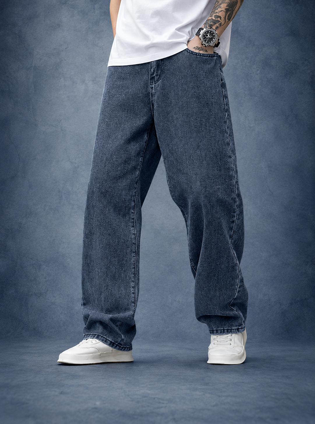 Men’s Dark Blue Wide Leg Relaxed Denim Jeans
