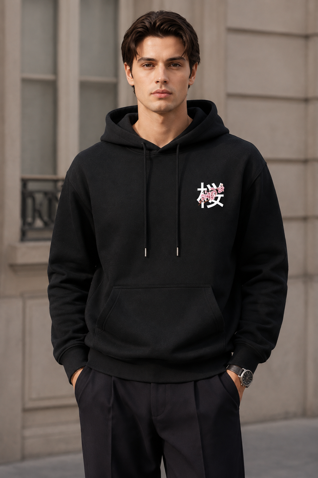 Men’s Black Sakura Graphic Pullover Warm Hoodie