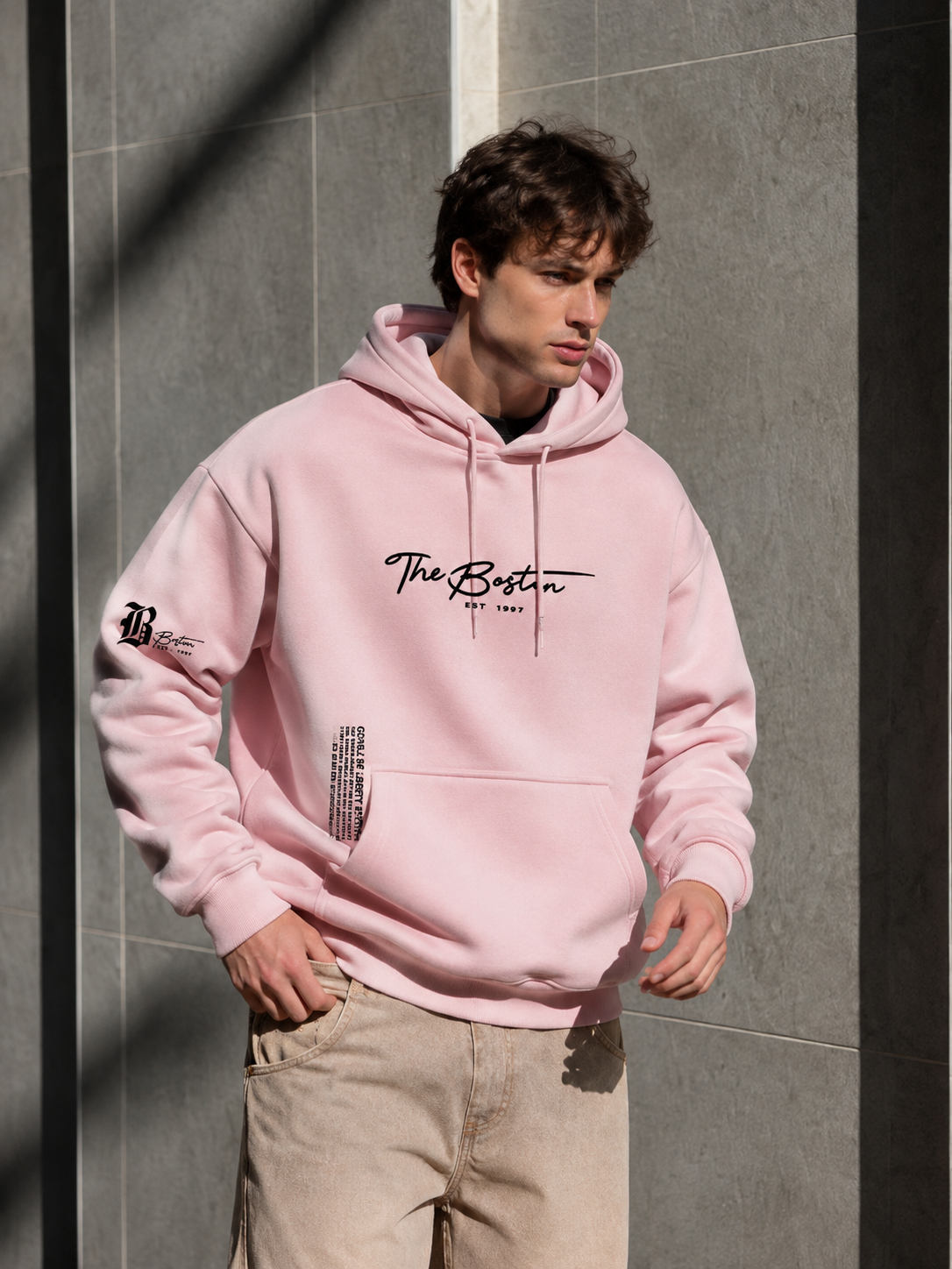 Men’s Pink Graphic Pullover Hoodie with Kangaroo Pocket  Casual Regular Fit