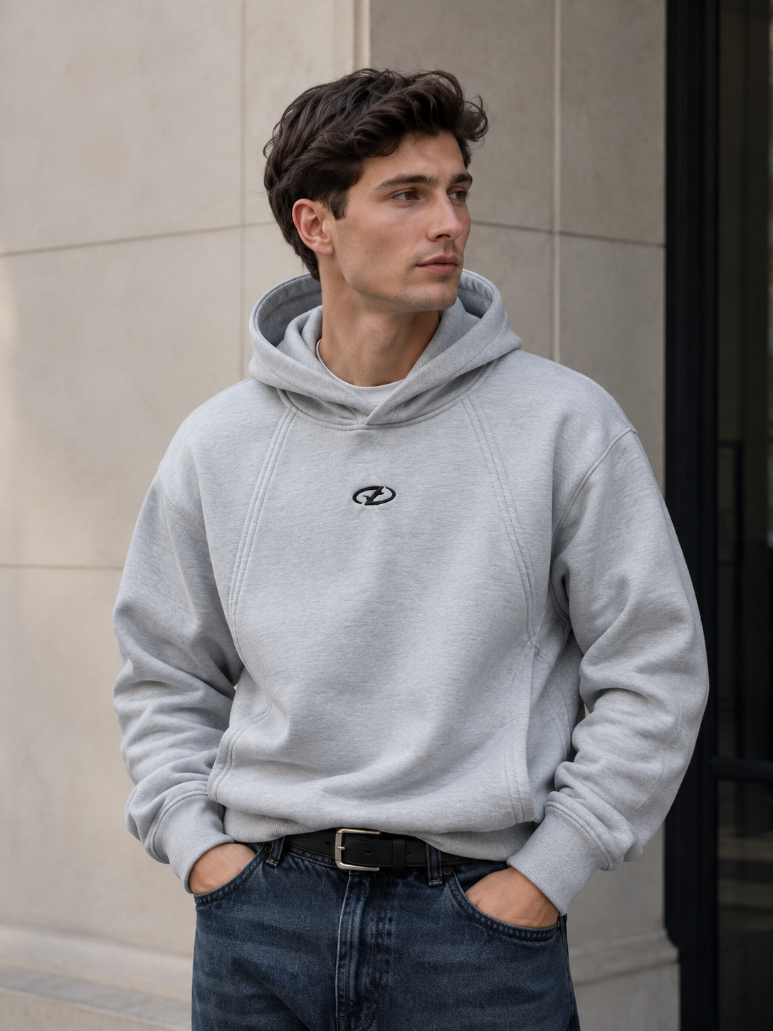 Men’s Light Grey Pullover Hoodie with Minimal Logo  Casual Regular Fit