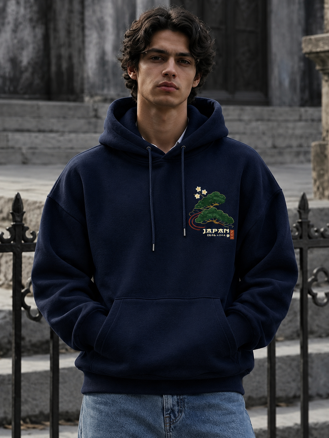 Navy Blue Japanese Tree Graphic Pullover Hoodie for Men