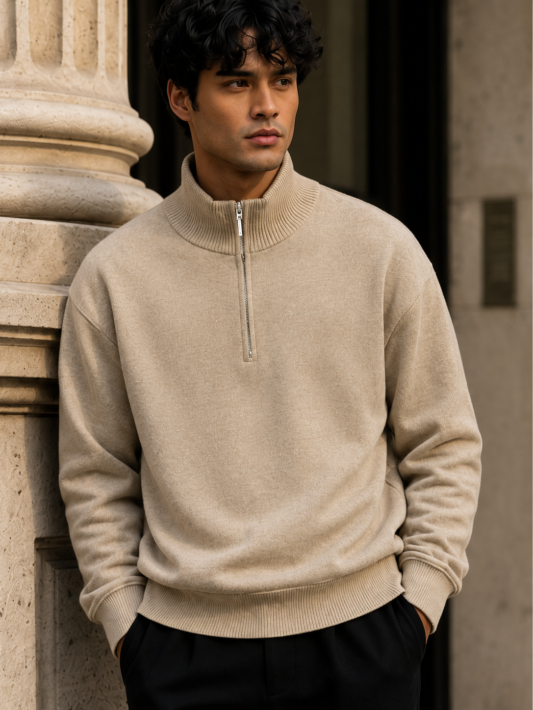 Men’s Beige Quarter Zip Fleece Sweatshirt Brown & Grey For Winters Office & Everyday