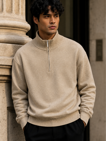 Men’s Beige Quarter Zip Fleece Sweatshirt Brown & Grey For Winters Office & Everyday