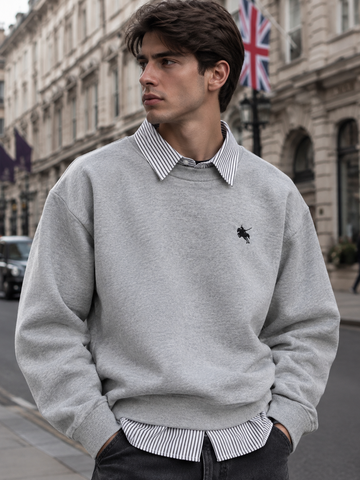 Men’s Warm Winters Light Gray Crew Neck Sweatshirt with Striped Collar For Office & Holidays
