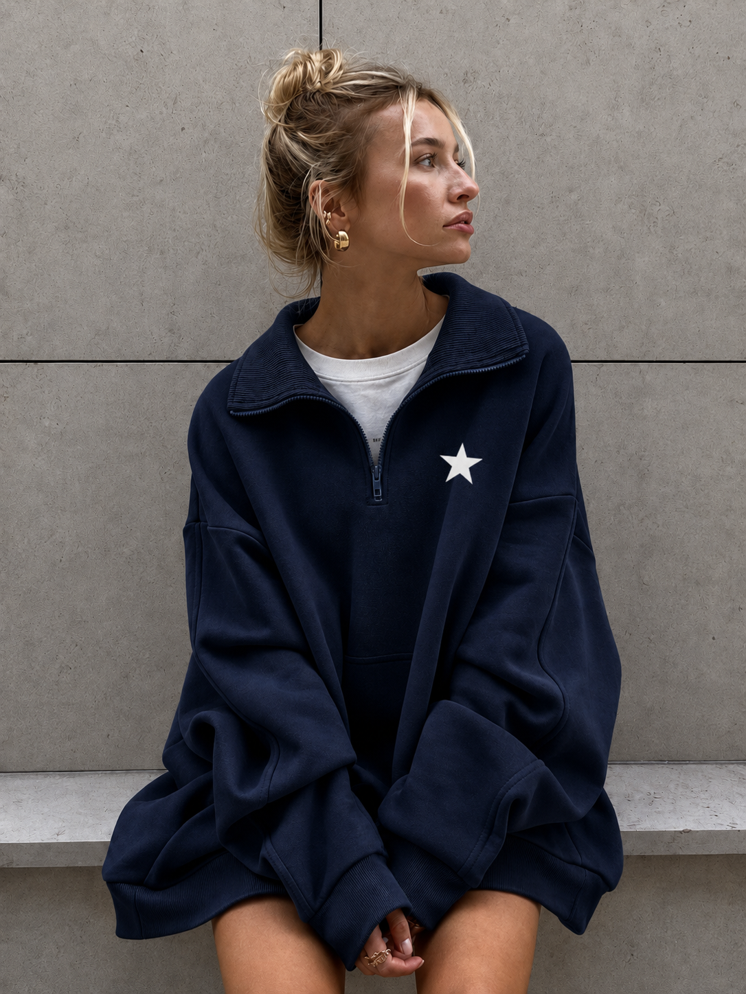 Women’s Warm Navy Blue Quarter Zip Fleece Hoodie With Star Detail Winters