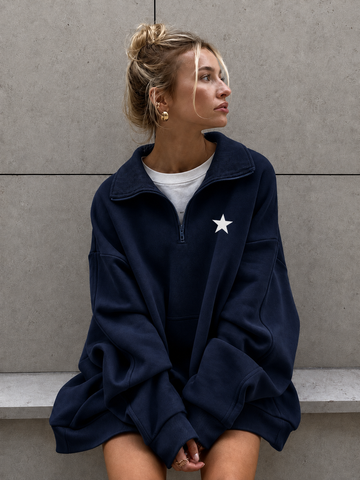 Women’s Warm Navy Blue Quarter Zip Fleece Hoodie With Star Detail Winters