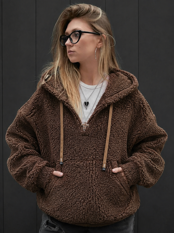 Women’s Brown Sherpa Fleece Pullover Hoodie With Drawstring Everyday Use