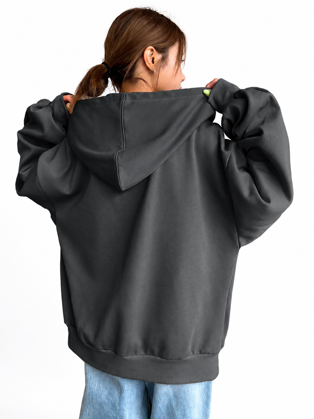 Women’s Charcoal Gray  Blue Oversized Zip Up Hoodie Jacket With Hood Winters