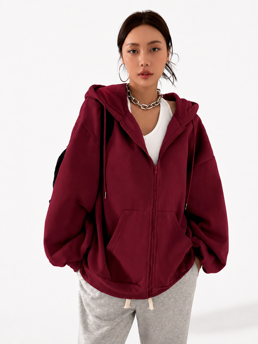 Women’s Charcoal Gray  Blue Oversized Zip Up Hoodie Jacket With Hood Winters