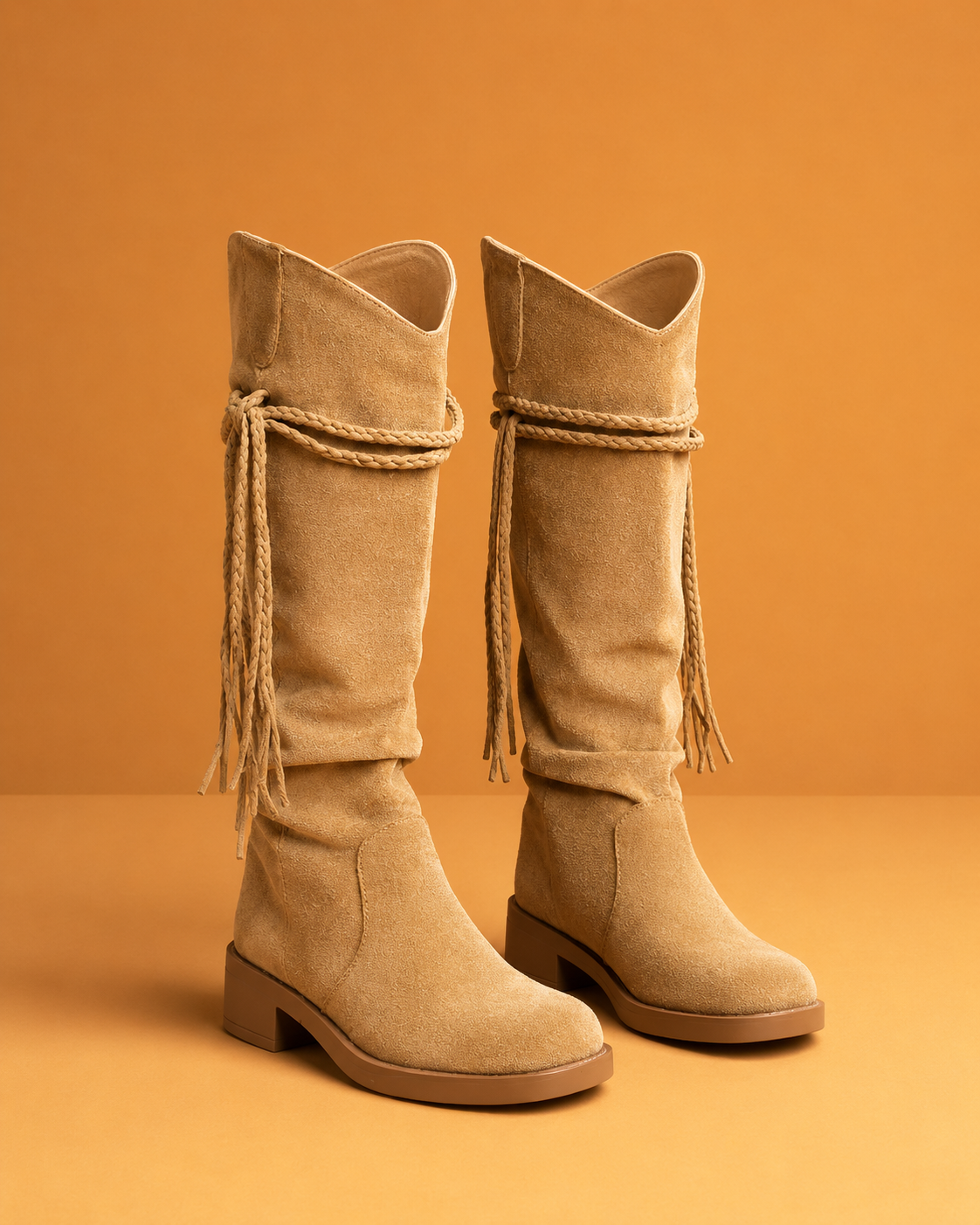 Women’s Vintage Suede Knee High Boots With Side Tassel Detail And Low Block Heel