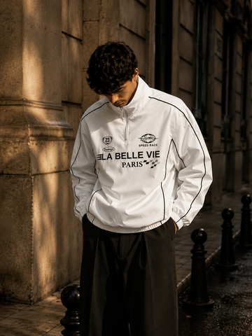 Men's White Non Stretch Quarter Zip Racing Jacket Sporty Track Jacket For Winters & Everyday