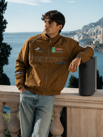 Men's Brown Streetwear  Racing Style Bomber Jacket With Graphic Patches And Zip Front