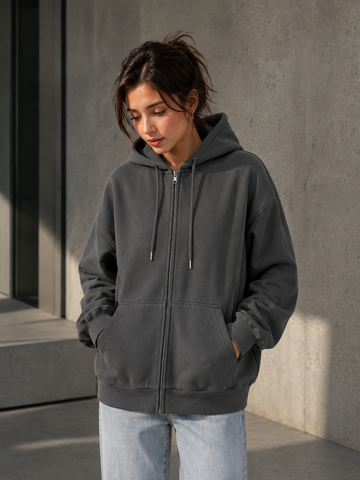 Women’s Charcoal Gray  Blue Oversized Zip Up Hoodie Jacket With Hood Winters