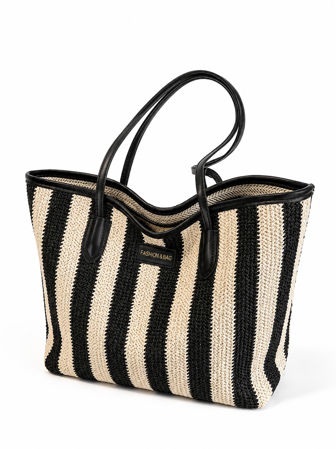Multicolor Woven Straw Tote Bag With Leather Handles Large Shoulder Handbag for Women