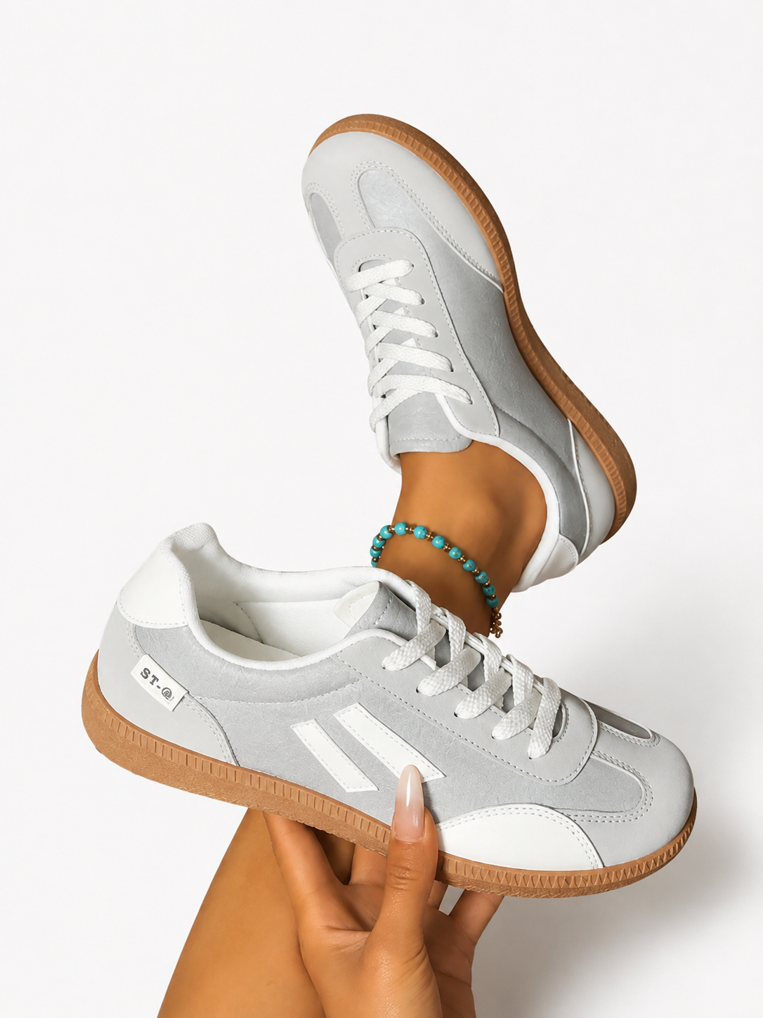 Women’s Beige Low Top Lace Up Casual Sneakers with White Stripe Detail and Gum Sole