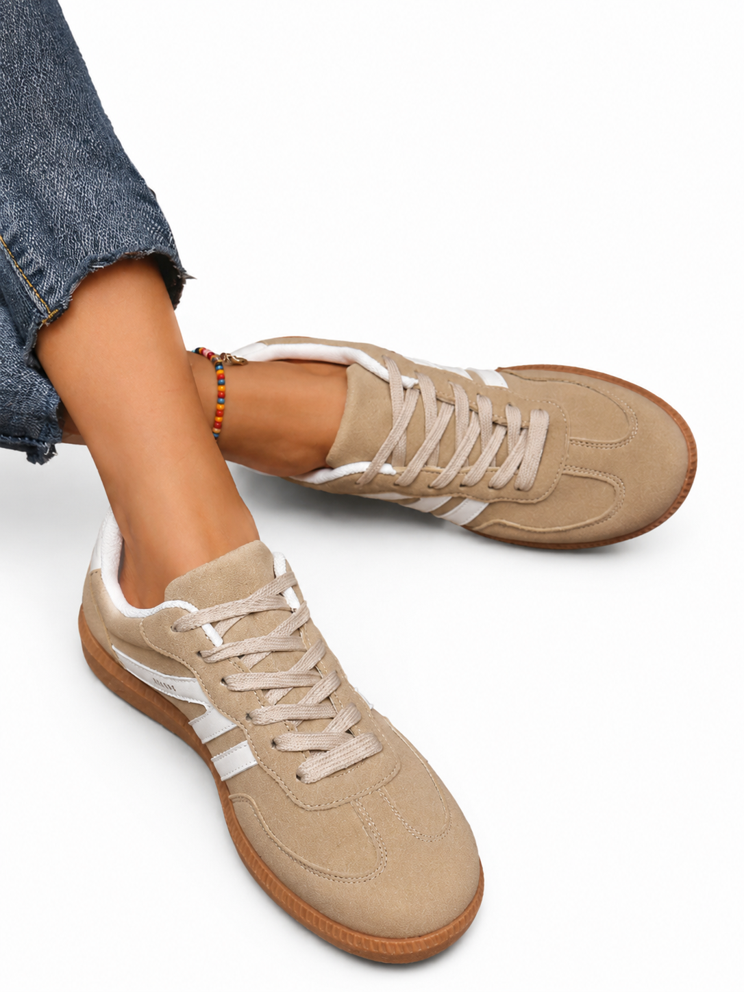 Women’s Beige Low Top Lace Up Casual Sneakers with White Stripe Detail and Gum Sole