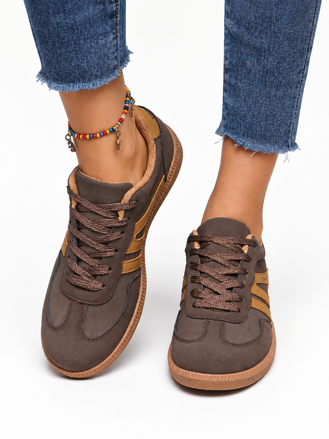 Women’s Beige Low Top Lace Up Casual Sneakers with White Stripe Detail and Gum Sole