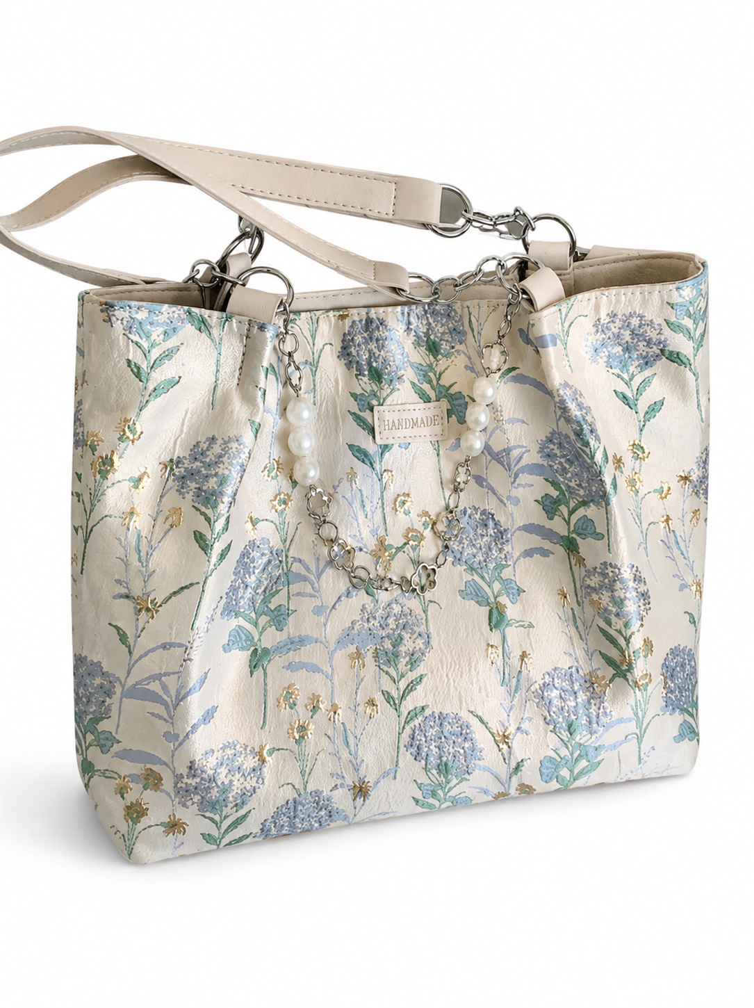 Elegant Floral Print Tote Bag for Women with Pearl Chain Large Capacity Shoulder Handbag