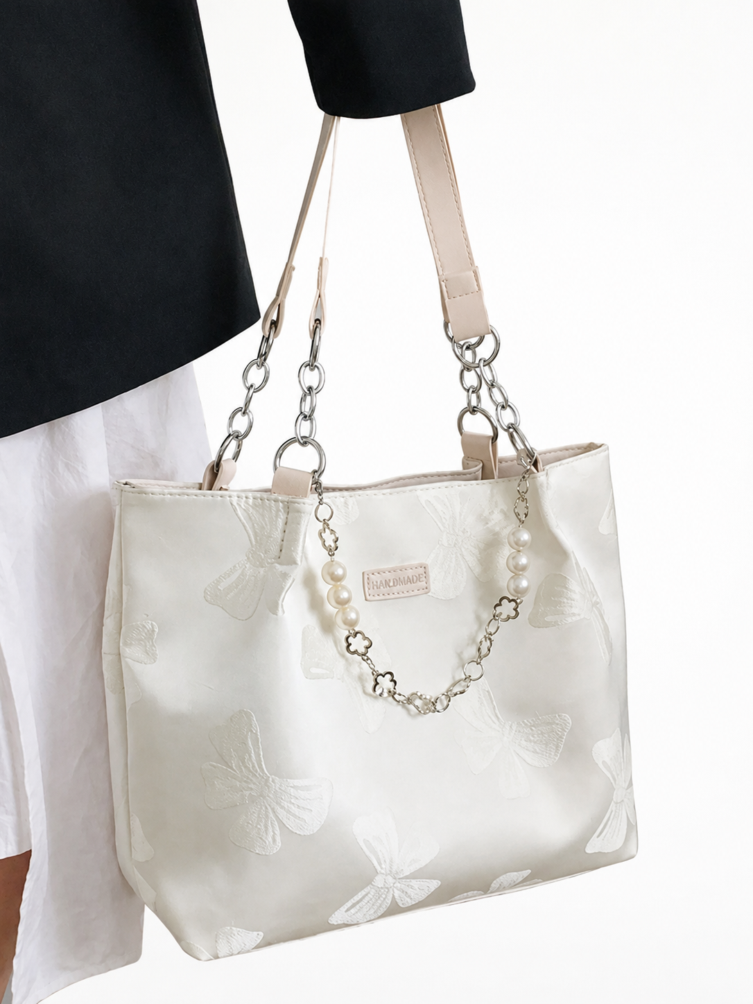 Elegant Floral Print Tote Bag for Women with Pearl Chain Large Capacity Shoulder Handbag
